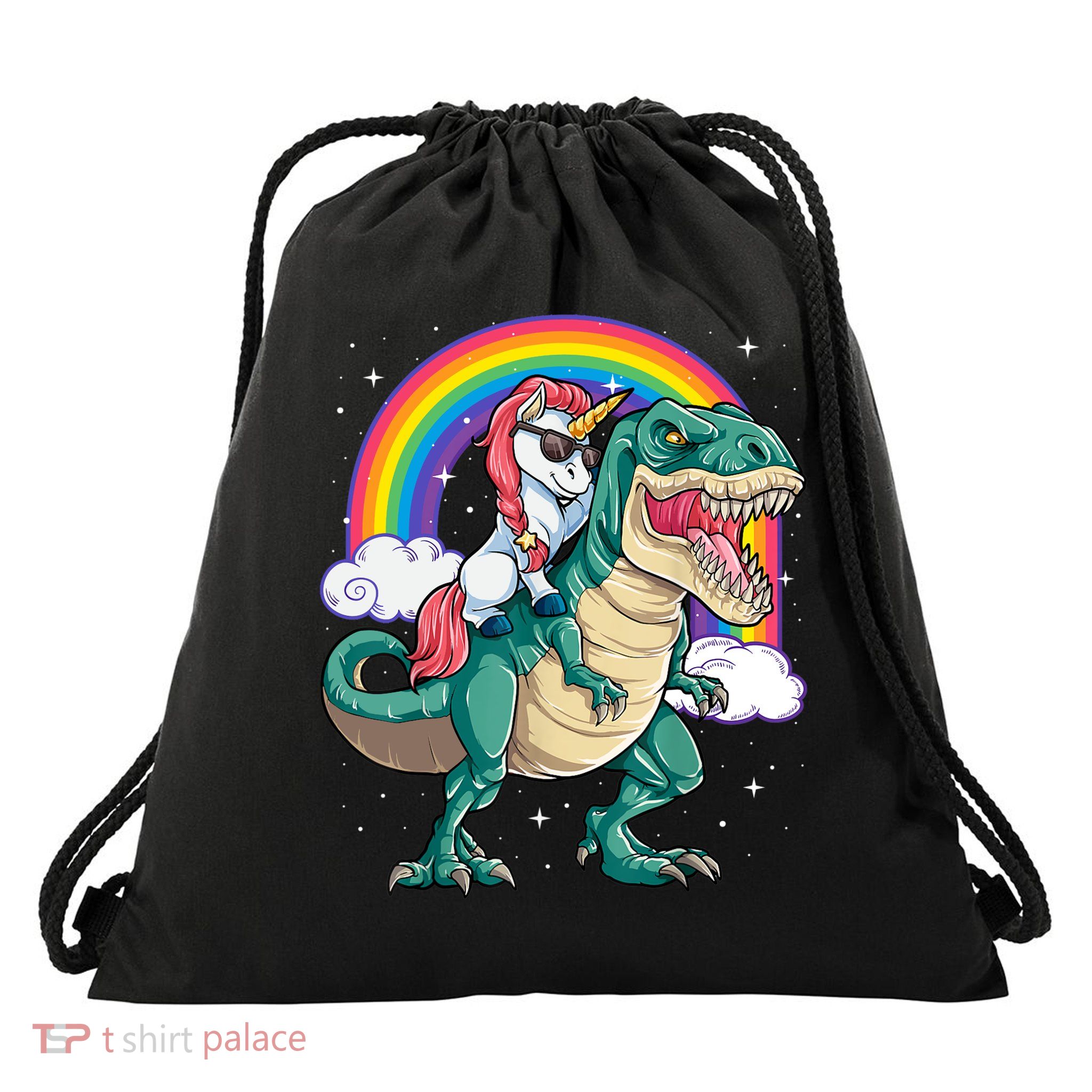Funny Unicorn Riding T Rex Dinosaur Gift For Boys Girls Men Women Rainbow Gift Drawstring Bag