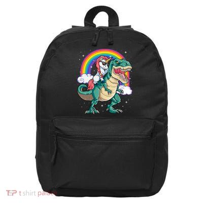 Funny Unicorn Riding T Rex Dinosaur Gift For Boys Girls Men Women Rainbow Gift 16 in Basic Backpack
