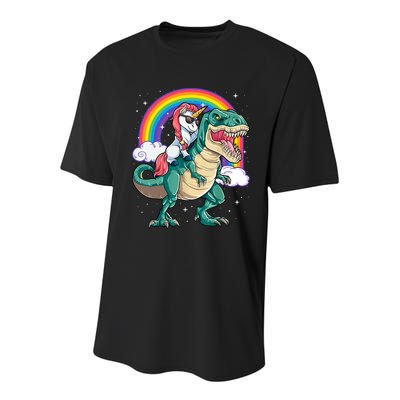 Funny Unicorn Riding T Rex Dinosaur Gift For Boys Girls Men Women Rainbow Gift Youth Performance Sprint T-Shirt