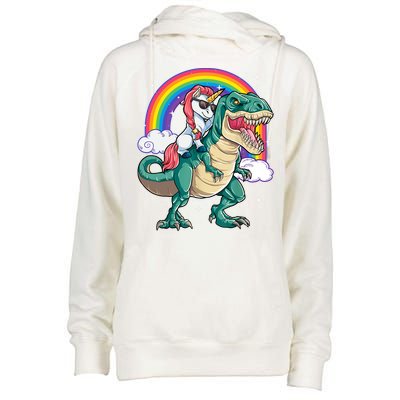 Funny Unicorn Riding T Rex Dinosaur Gift For Boys Girls Men Women Rainbow Gift Womens Funnel Neck Pullover Hood