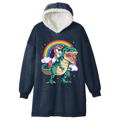 Funny Unicorn Riding T Rex Dinosaur Gift For Boys Girls Men Women Rainbow Gift Hooded Wearable Blanket