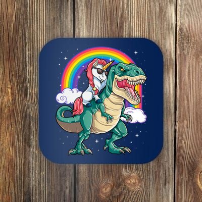 Funny Unicorn Riding T Rex Dinosaur Gift For Boys Girls Men Women Rainbow Gift Coaster