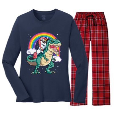 Funny Unicorn Riding T Rex Dinosaur Gift For Boys Girls Men Women Rainbow Gift Women's Long Sleeve Flannel Pajama Set 