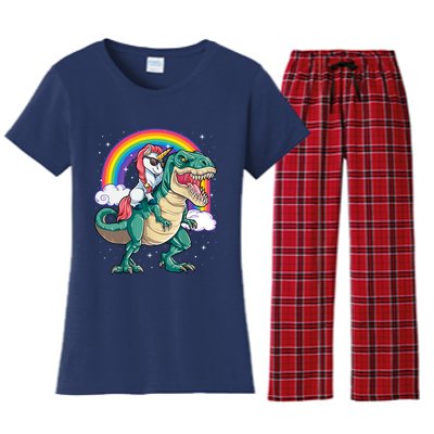 Funny Unicorn Riding T Rex Dinosaur Gift For Boys Girls Men Women Rainbow Gift Women's Flannel Pajama Set