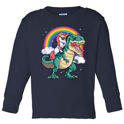 Funny Unicorn Riding T Rex Dinosaur Gift For Boys Girls Men Women Rainbow Gift Toddler Long Sleeve Shirt