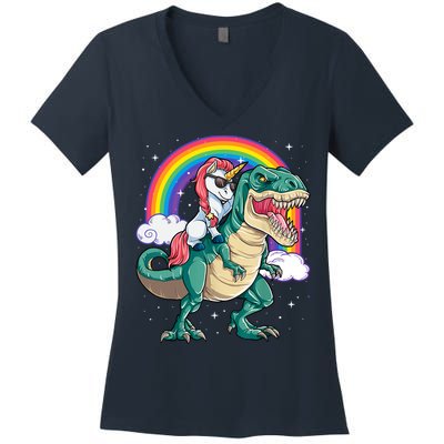 Funny Unicorn Riding T Rex Dinosaur Gift For Boys Girls Men Women Rainbow Gift Women's V-Neck T-Shirt