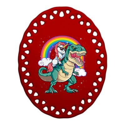 Funny Unicorn Riding T Rex Dinosaur Gift For Boys Girls Men Women Rainbow Gift Ceramic Oval Ornament