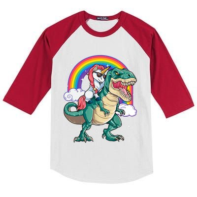 Funny Unicorn Riding T Rex Dinosaur Gift For Boys Girls Men Women Rainbow Gift Kids Colorblock Raglan Jersey