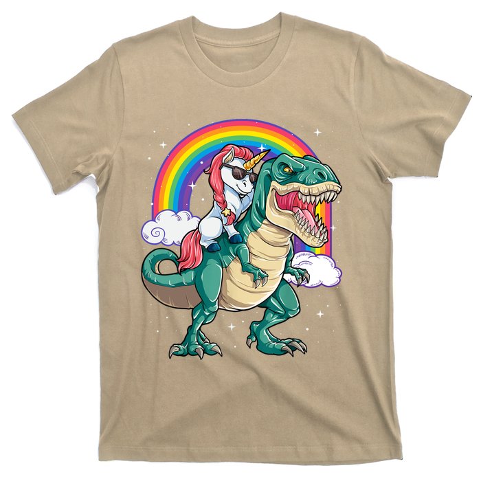 Funny Unicorn Riding T Rex Dinosaur Gift For Boys Girls Men Women Rainbow Gift T-Shirt