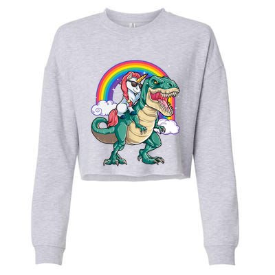 Funny Unicorn Riding T Rex Dinosaur Gift For Boys Girls Men Women Rainbow Gift Cropped Pullover Crew