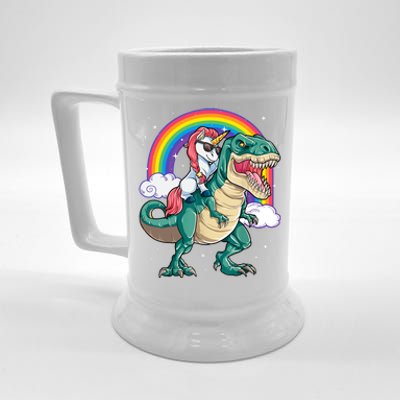 Funny Unicorn Riding T Rex Dinosaur Gift For Boys Girls Men Women Rainbow Gift Beer Stein