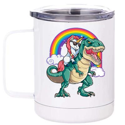 Funny Unicorn Riding T Rex Dinosaur Gift For Boys Girls Men Women Rainbow Gift 12 oz Stainless Steel Tumbler Cup