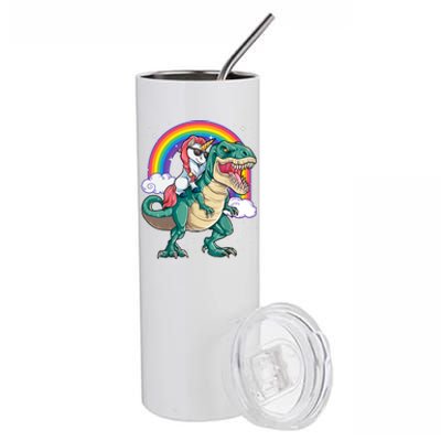 Funny Unicorn Riding T Rex Dinosaur Gift For Boys Girls Men Women Rainbow Gift Stainless Steel Tumbler