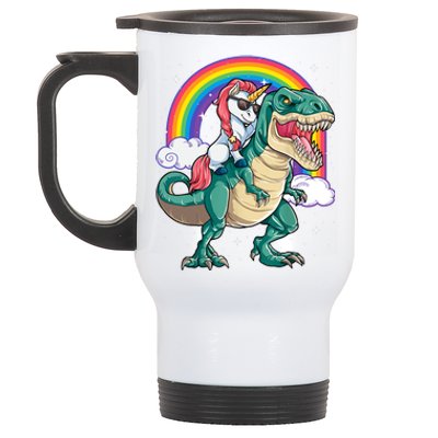 Funny Unicorn Riding T Rex Dinosaur Gift For Boys Girls Men Women Rainbow Gift Stainless Steel Travel Mug