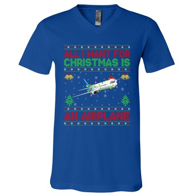 Funny Ugly Sweater All I Want For Christmas Is A Airplane Gift V-Neck T-Shirt