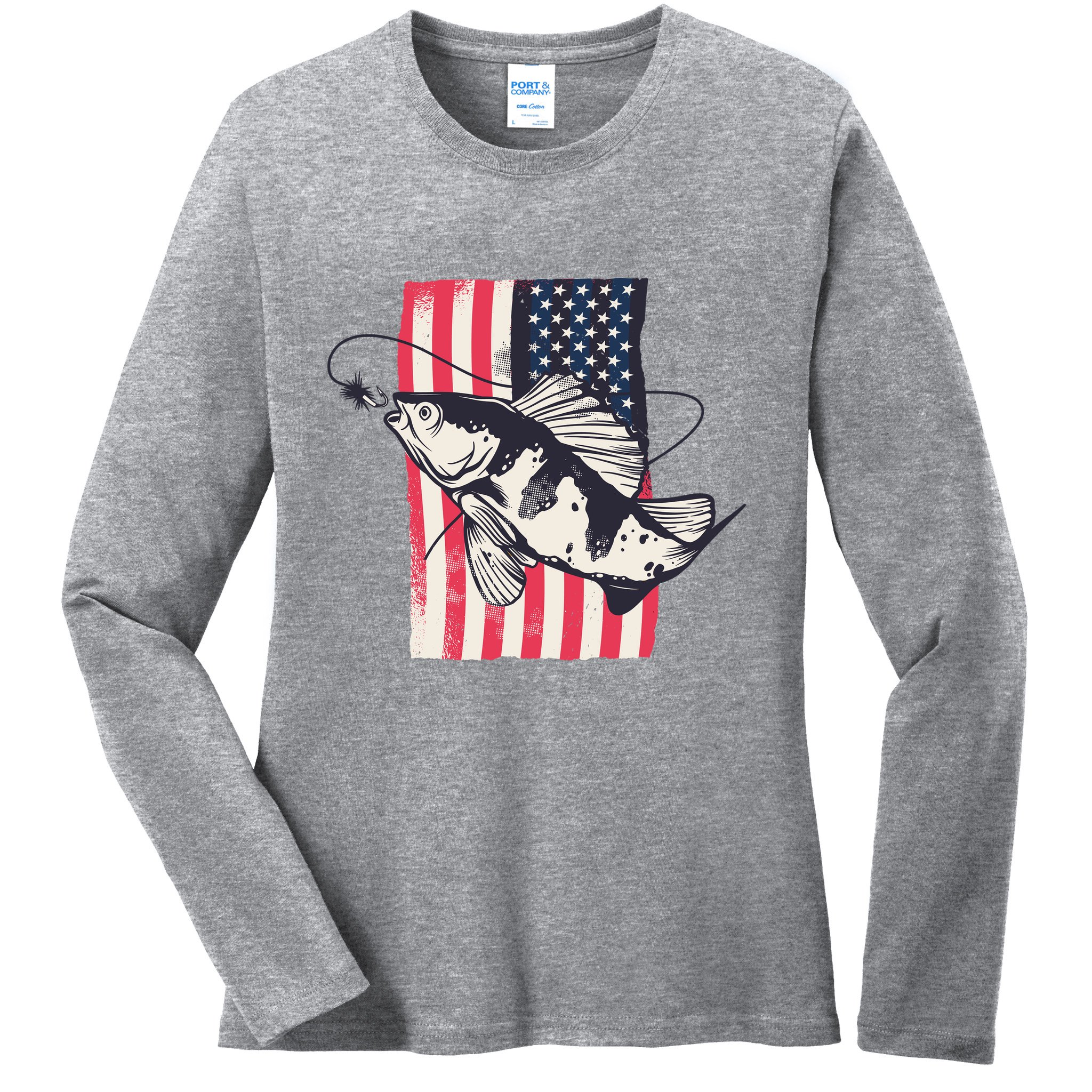 Fishing United States Flag Fisher Vintage Ladies Long Sleeve Shirt