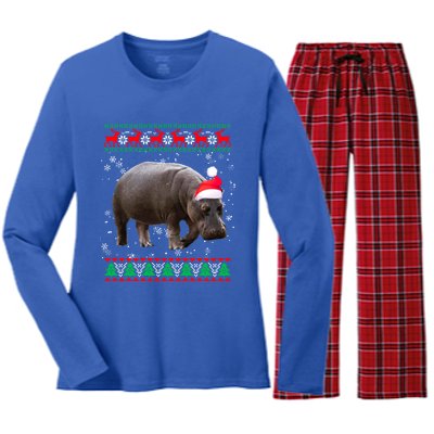 Funny Ugly Sweater Xmas Animals Christmas Hippo Lover Gift Women's Long Sleeve Flannel Pajama Set 