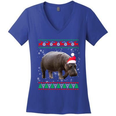 Funny Ugly Sweater Xmas Animals Christmas Hippo Lover Gift Women's V-Neck T-Shirt