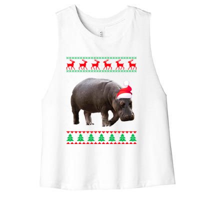 Funny Ugly Sweater Xmas Animals Christmas Hippo Lover Gift Women's Racerback Cropped Tank