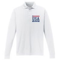 Funny USA Soccer  American Flag Soccer Fan  Performance Long Sleeve Polo