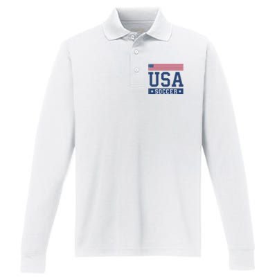 Funny USA Soccer  American Flag Soccer Fan  Performance Long Sleeve Polo