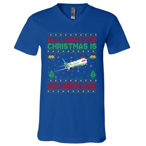 Funny Ugly Sweater All I Want For Christmas Is A Airplane Cool Gift V-Neck T-Shirt