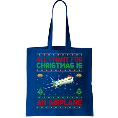 Funny Ugly Sweater All I Want For Christmas Is A Airplane Cool Gift Tote Bag