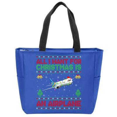 Funny Ugly Sweater All I Want For Christmas Is A Airplane Cool Gift Zip Tote Bag