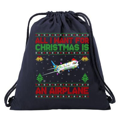 Funny Ugly Sweater All I Want For Christmas Is A Airplane Cool Gift Drawstring Bag