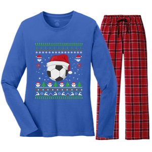 Funny Ugly Sweater For Christmas Soccer Santa Claus Xmas Gift Women's Long Sleeve Flannel Pajama Set 