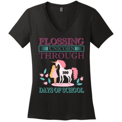 Flossing Unicorn Through 100 Days Of School Women's V-Neck T-Shirt