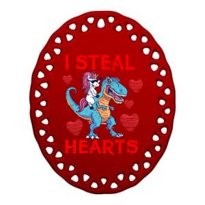 Funny Unicorn T Rex Gift Valentine's Day I Steal Hearts Gift Ceramic Oval Ornament