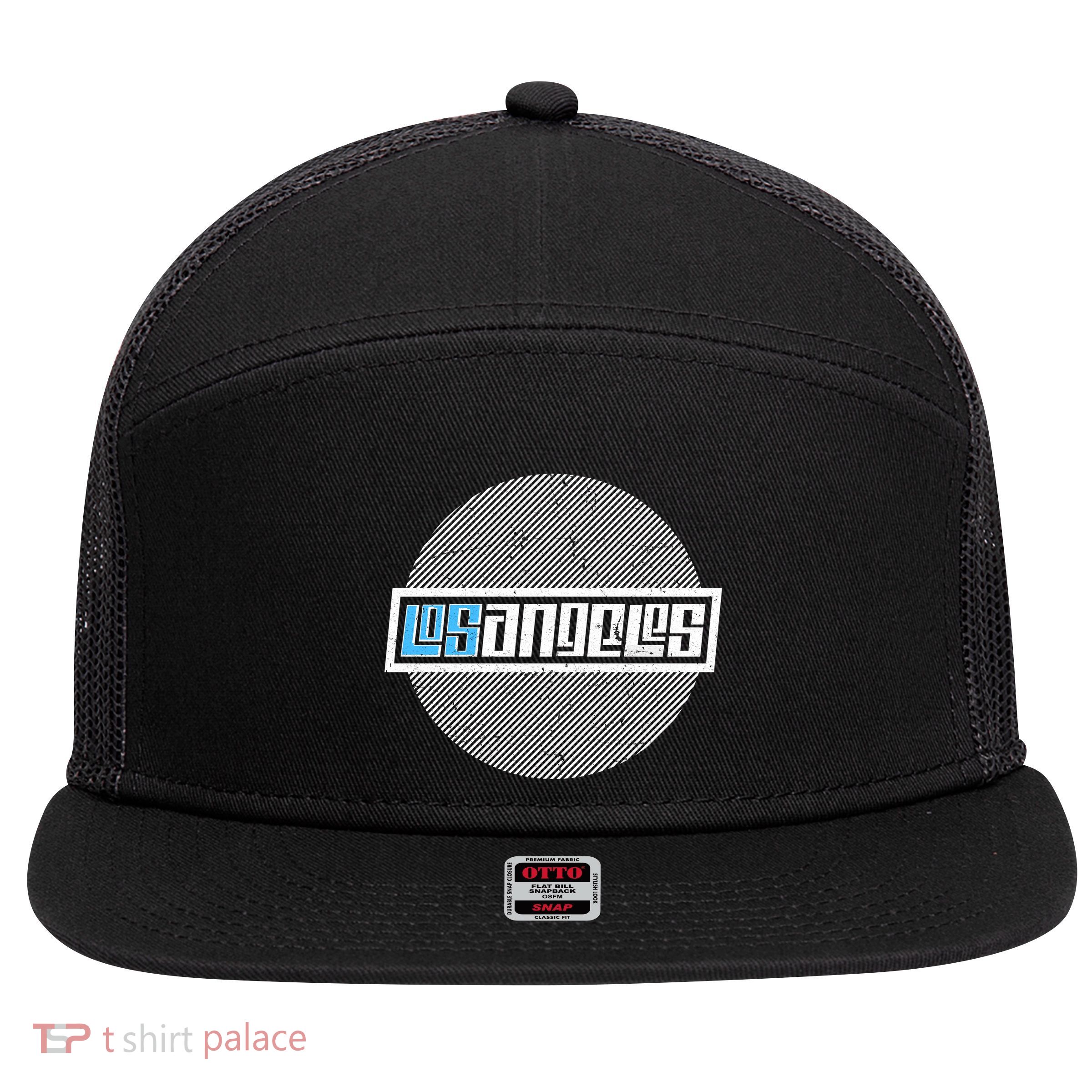 Futuristic Los Angeles Logo 7 Panel Mesh Trucker Snapback Hat