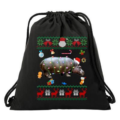 Funny Ugly Xmas Sweater Animals Lights Christmas Hippo Meaningful Gift Drawstring Bag