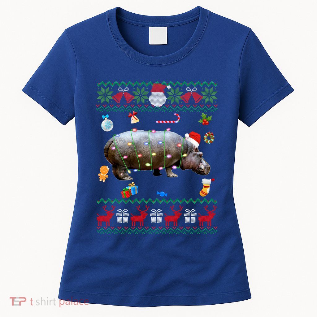 Funny Ugly Xmas Sweater Animals Lights Christmas Hippo Meaningful Gift Womens T-Shirt