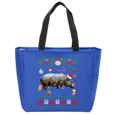 Funny Ugly Xmas Sweater Animals Lights Christmas Hippo Meaningful Gift Zip Tote Bag
