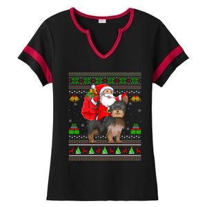 Funny Ugly Xmas Santa Riding Yorkshire Terrier Dog Christmas Gift Ladies Halftime Notch Neck Tee