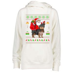 Funny Ugly Xmas Santa Riding Yorkshire Terrier Dog Christmas Gift Womens Funnel Neck Pullover Hood