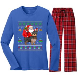 Funny Ugly Xmas Santa Riding Yorkshire Terrier Dog Christmas Gift Women's Long Sleeve Flannel Pajama Set 