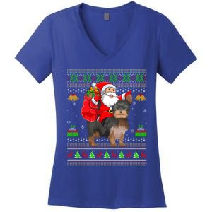 Funny Ugly Xmas Santa Riding Yorkshire Terrier Dog Christmas Gift Women's V-Neck T-Shirt