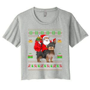 Funny Ugly Xmas Santa Riding Yorkshire Terrier Dog Christmas Gift Women's Crop Top Tee