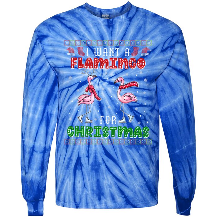 Flamingo Ugly Xmas Sweater I Want A Flamingo For Christmas Gift Tie-Dye Long Sleeve Shirt