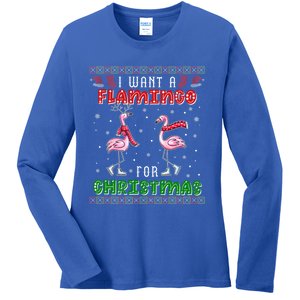 Flamingo Ugly Xmas Sweater I Want A Flamingo For Christmas Gift Ladies Long Sleeve Shirt