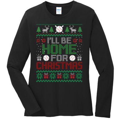 Funny Ugly Xmas ILl Be Home For Christmas Baseball Ladies Long Sleeve Shirt