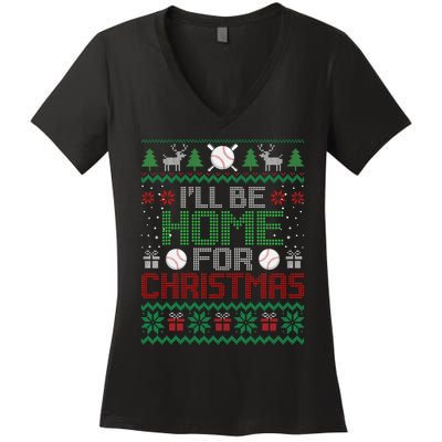 Funny Ugly Xmas ILl Be Home For Christmas Baseball Women's V-Neck T-Shirt