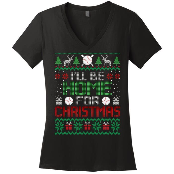 Funny Ugly Xmas ILl Be Home For Christmas Baseball Women's V-Neck T-Shirt