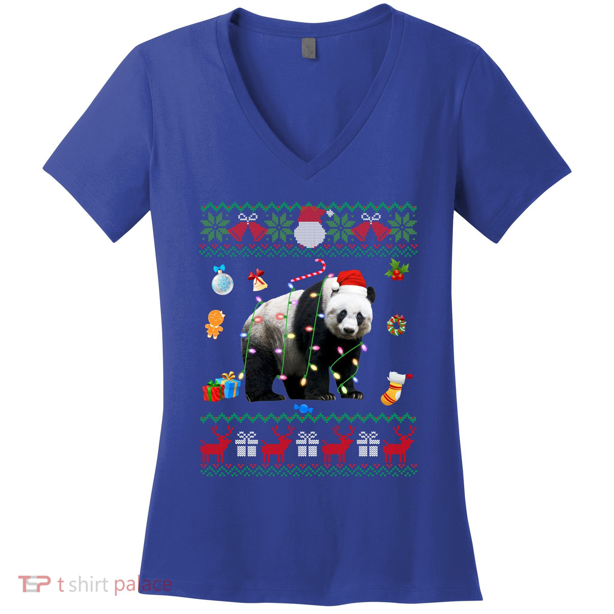 Funny Ugly Xmas Sweater Animals Lights Christmas Panda Bear Great Gift Women's V-Neck T-Shirt