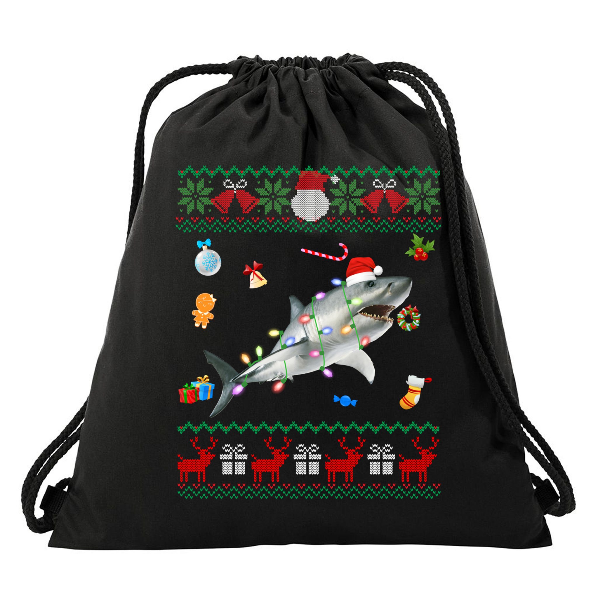 Funny Ugly Xmas Sweater Animals Lights Christmas Shark Meaningful Gift Drawstring Bag