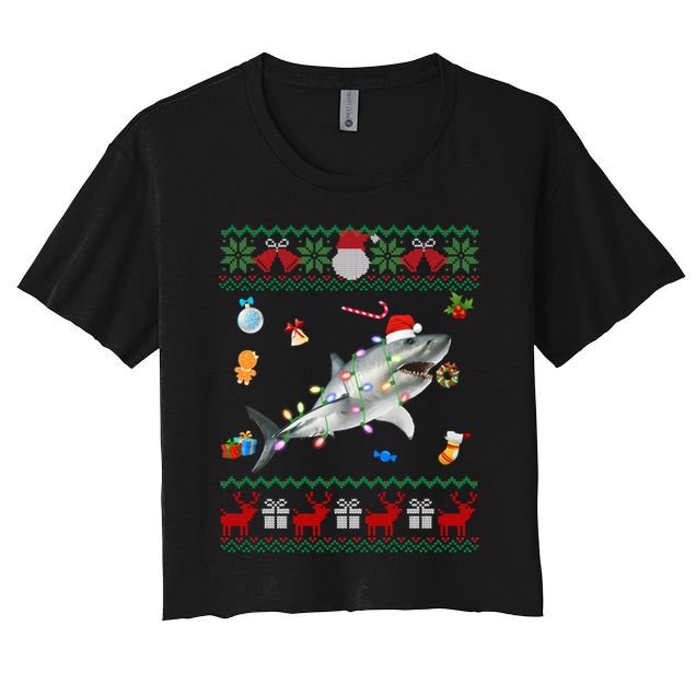 Funny Ugly Xmas Sweater Animals Lights Christmas Shark Meaningful Gift Women's Crop Top Tee