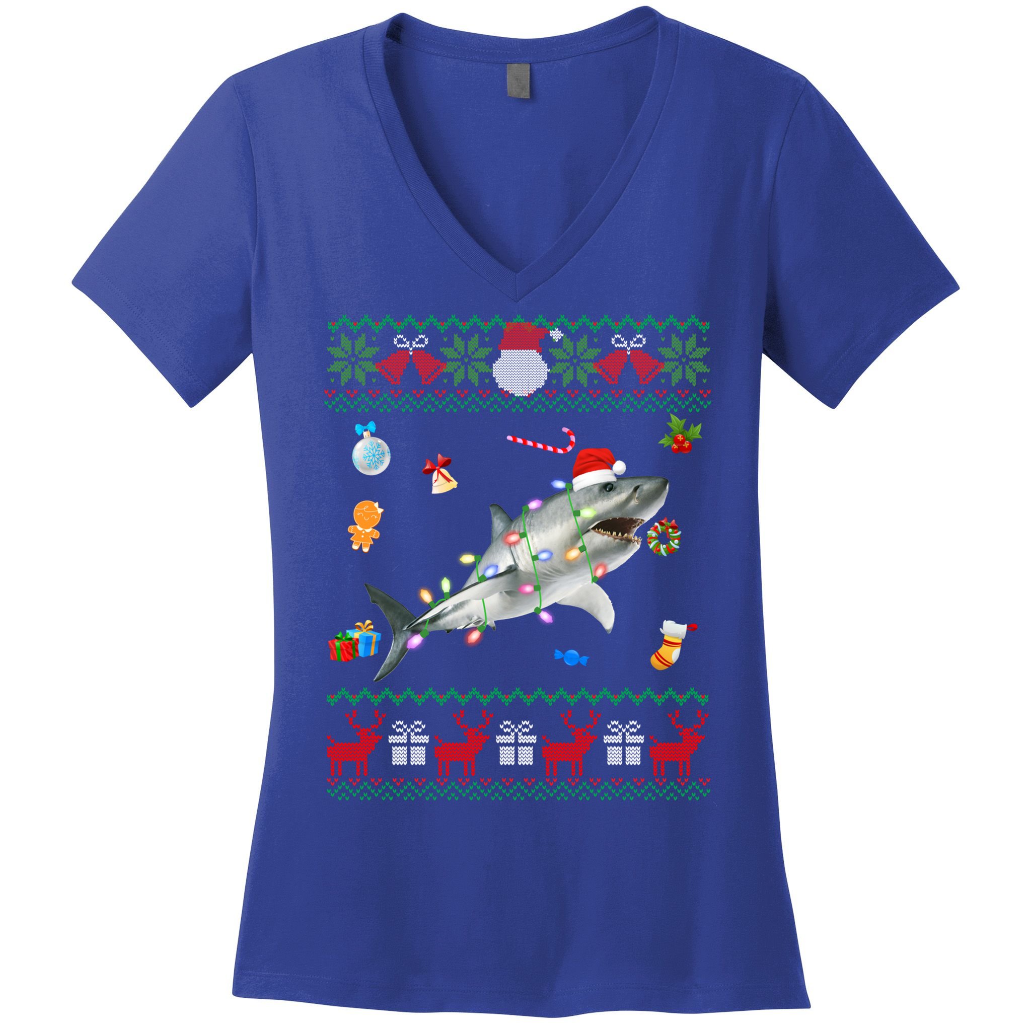 Funny Ugly Xmas Sweater Animals Lights Christmas Shark Meaningful Gift Women's V-Neck T-Shirt